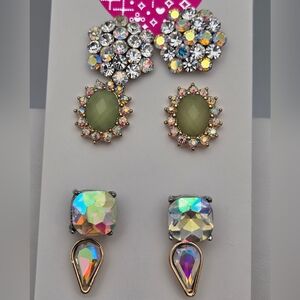 Vintage Set of 4 Aurora Borealis & Green Rhinestone Stud Earrings